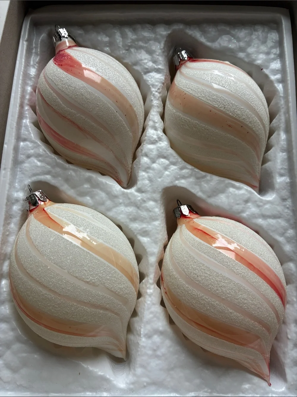 VTG Commodore Rare Creamsicle Swirl Glass Christmas Ornaments Set of 4
